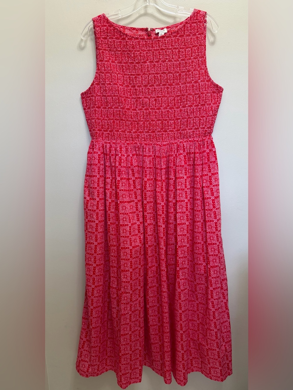J. Crew NWT Smocked Boat Neck Midi Dress Pockets Sleeveless Red Print Size L NEW - Picture 2 of 10